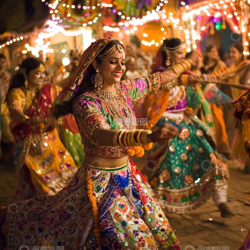 高清大图下载【趣麦麦图】-印度女性身着传统服饰在灯光下舞蹈