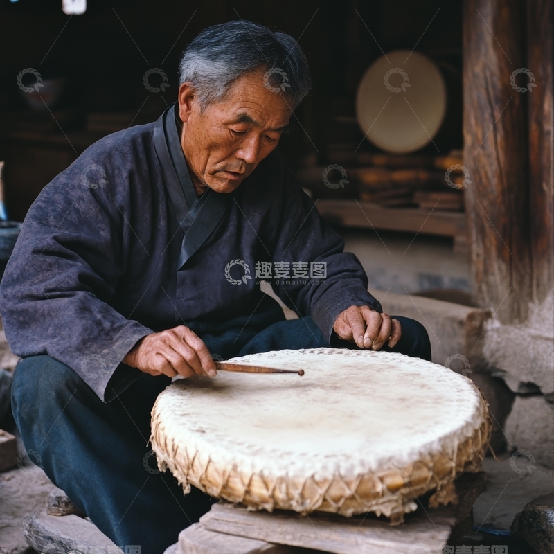 高清大图下载【趣麦麦图】老人专注制作传统鼓面