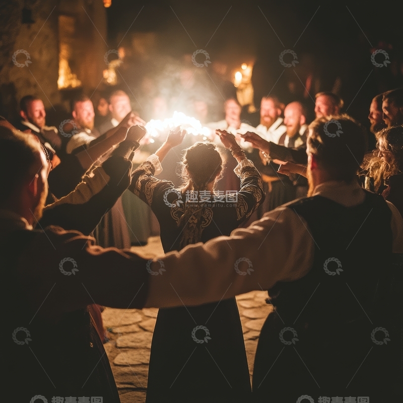 高清大图下载【趣麦麦图】人群围圈举手，中央火光闪烁