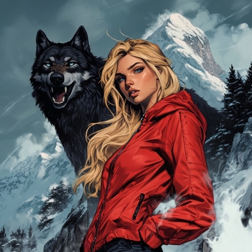 雪山背景下女子与狼的相伴