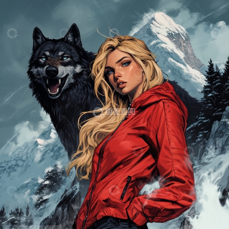 雪山背景下女子与狼的相伴