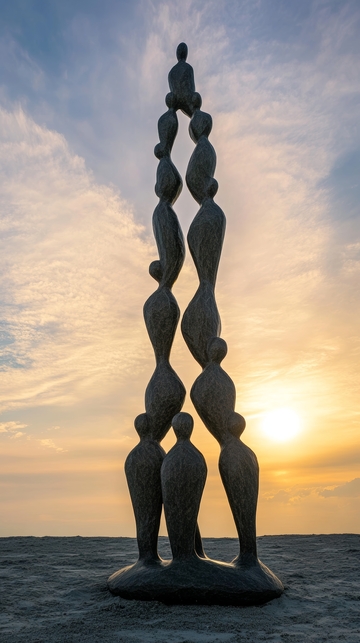 海边日落下的抽象雕塑