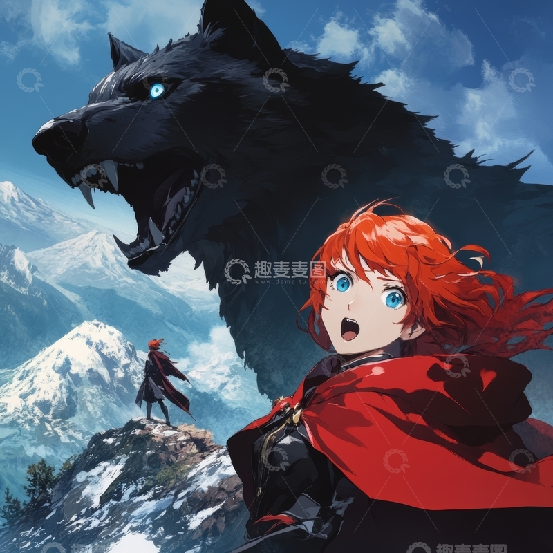 高清大图下载【趣麦麦图】红发少女与巨狼在雪山之巅