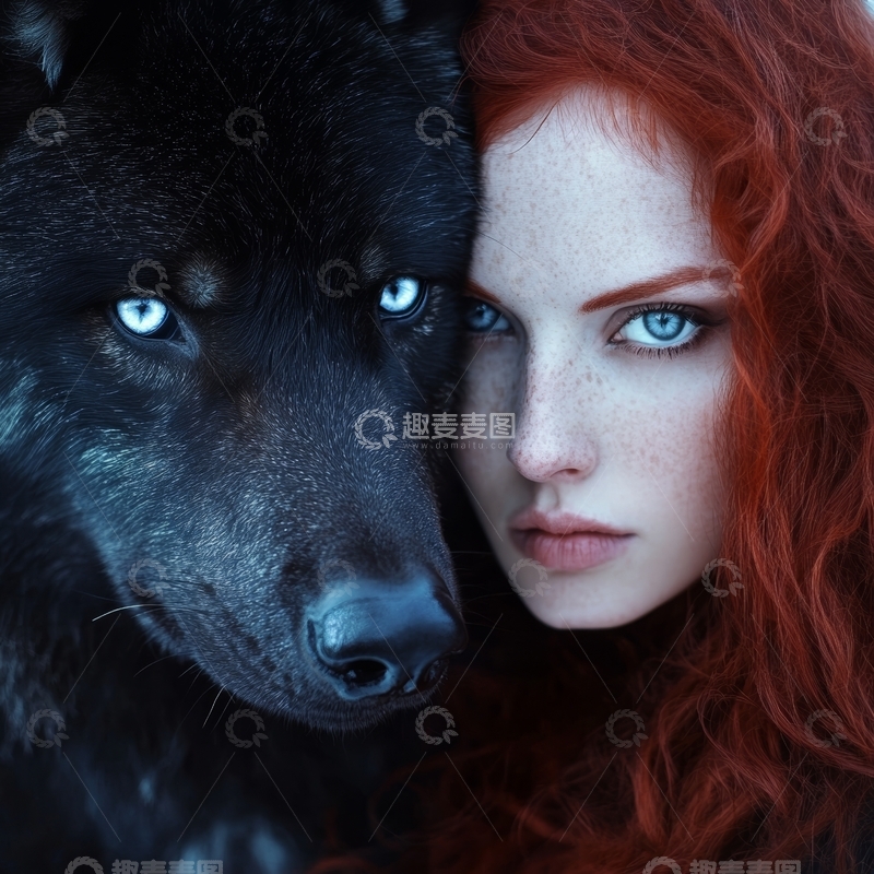 高清大图下载【趣麦麦图】红发女子与黑狼亲密相伴
