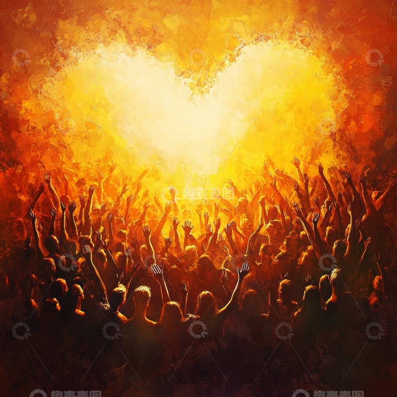 高清大图下载【趣麦麦图】人群欢呼，心形光芒闪耀