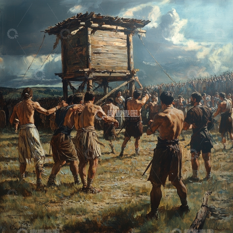 高清大图下载【趣麦麦图】古代战士合力搬运木制塔楼