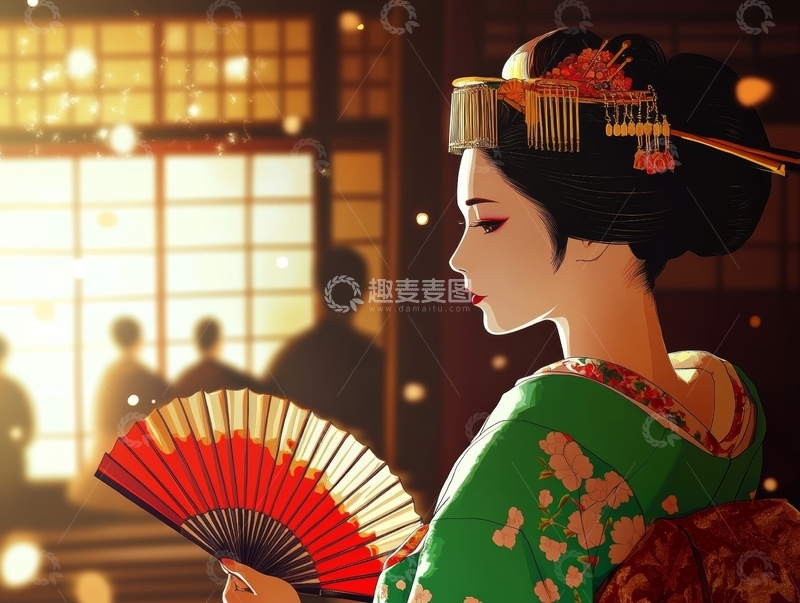 和服女子手持折扇，室内光影柔和