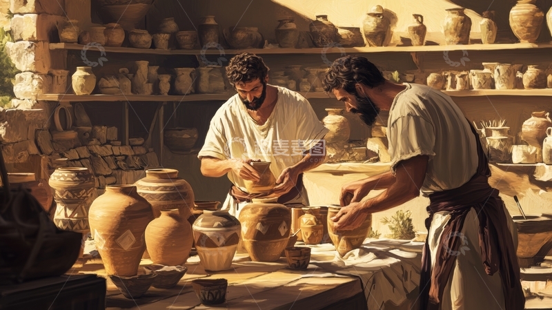 高清大图下载【趣麦麦图】陶艺工匠在工作坊中制作陶器