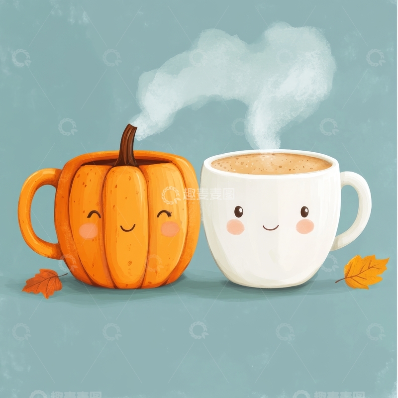 高清大图下载【趣麦麦图】南瓜杯与热饮杯的温馨场景