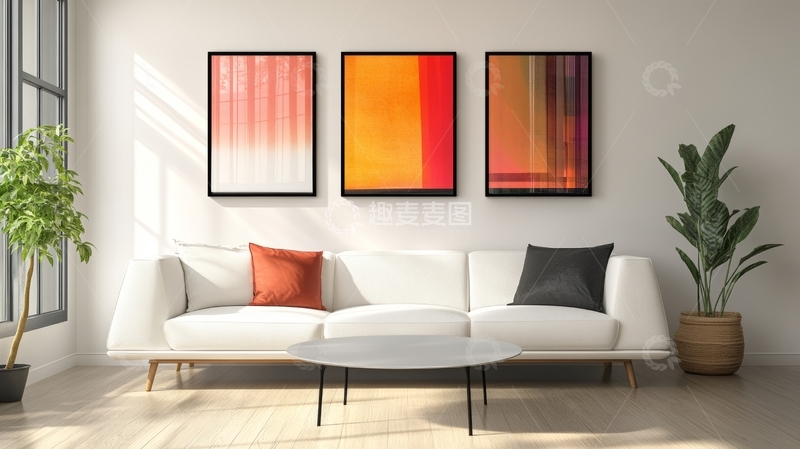 高清大图下载【趣麦麦图】现代客厅布置，色彩抽象画与绿植点缀