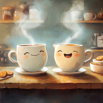 微笑的咖啡杯，温馨厨房场景