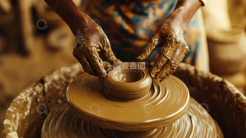 高清大图下载【趣麦麦图】陶艺师双手在陶轮上塑造泥坯