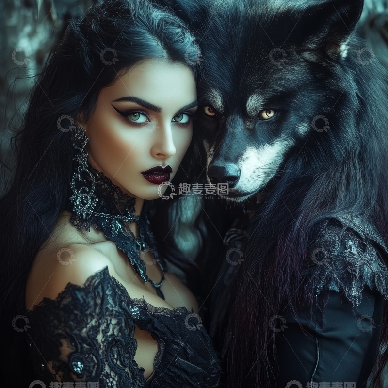 高清大图下载【趣麦麦图】神秘女子与黑狼的奇幻合影