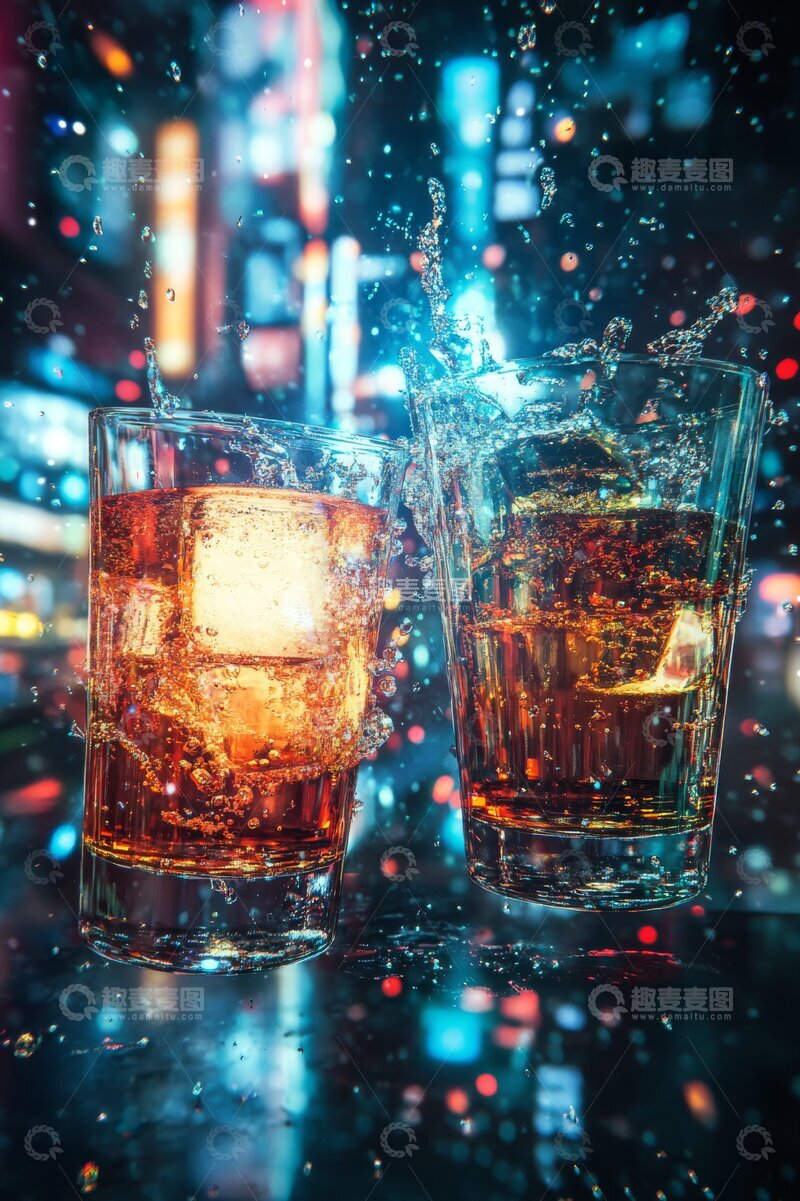 高清大图下载【趣麦麦图】冰块碰撞威士忌，夜景映衬