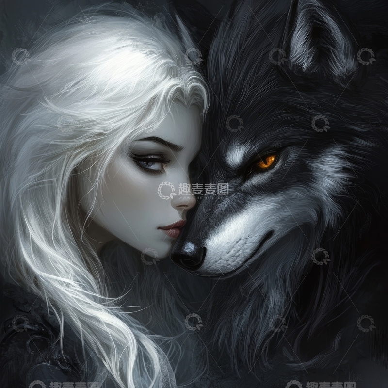 高清大图下载【趣麦麦图】白发女子与黑狼的亲密瞬间