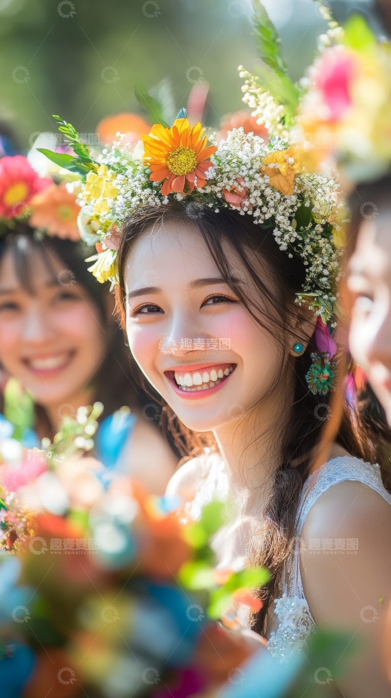 高清大图下载【趣麦麦图】花环少女微笑，手持鲜花