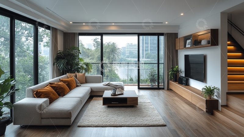 高清大图下载【趣麦麦图】现代客厅设计，落地窗与绿植点缀