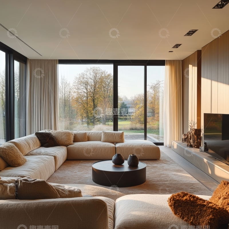 高清大图下载【趣麦麦图】现代客厅，落地窗与自然景观