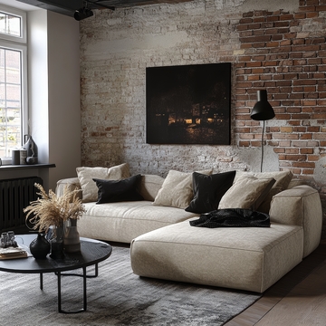 现代工业风客厅，砖墙与舒适沙发的结合