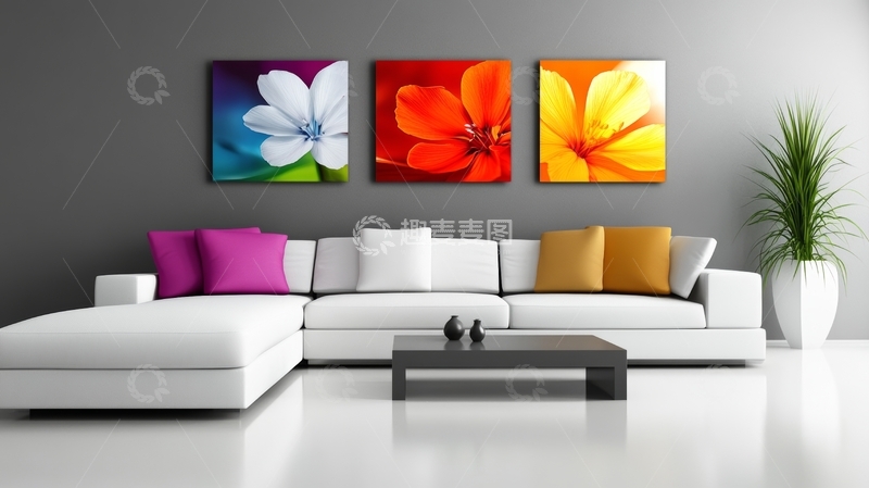 高清大图下载【趣麦麦图】现代客厅装饰，色彩鲜艳的花卉挂画
