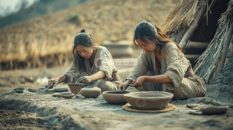 两位女子在户外制作陶器