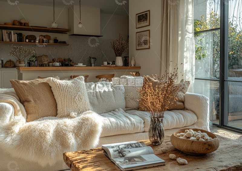 高清大图下载【趣麦麦图】温馨客厅与开放式厨房的现代设计