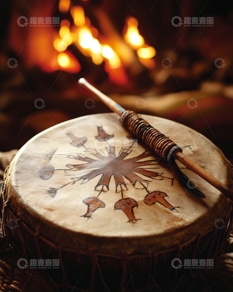 高清大图下载【趣麦麦图】篝火旁的装饰鼓与鼓槌