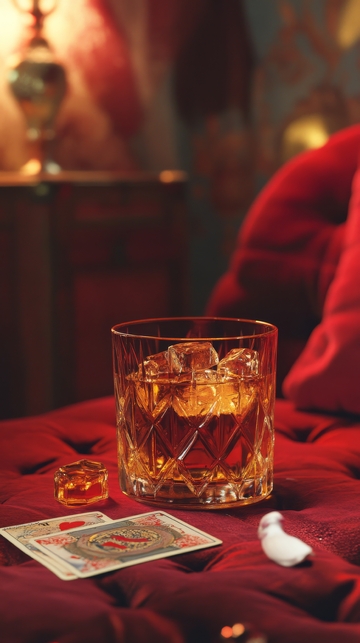 冰块威士忌与扑克牌的静谧场景