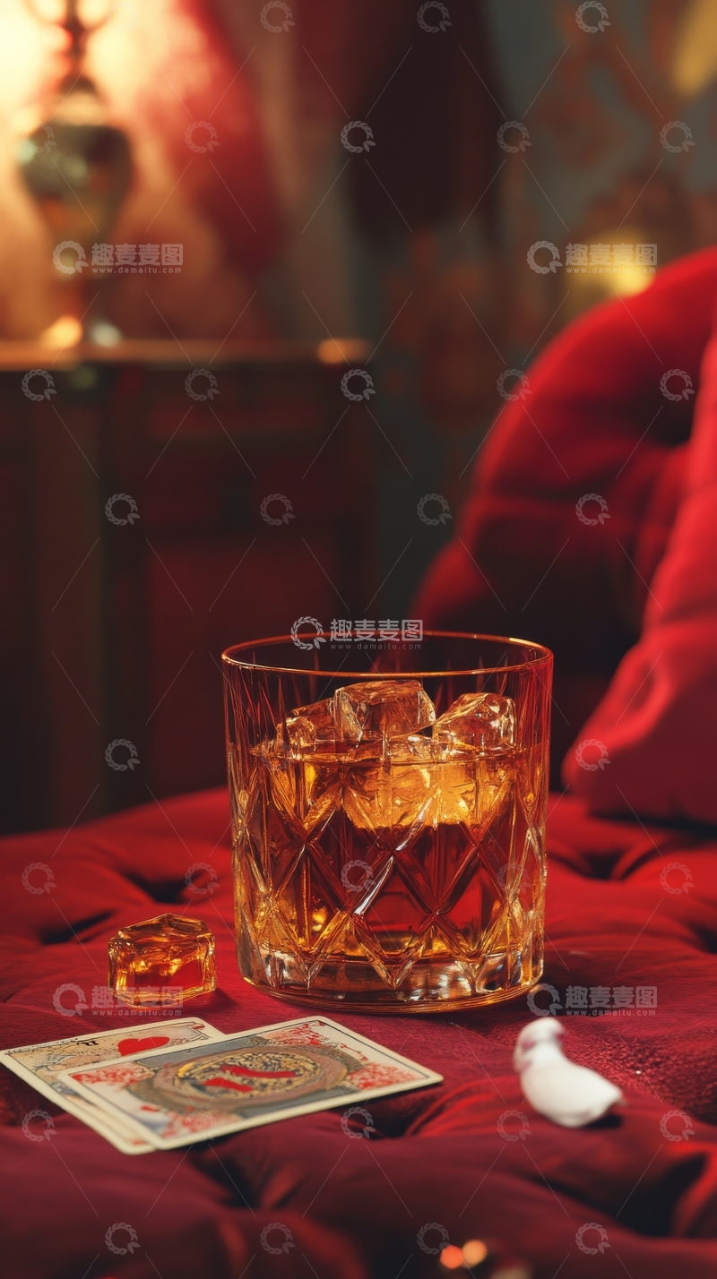 高清大图下载【趣麦麦图】冰块威士忌与扑克牌的静谧场景