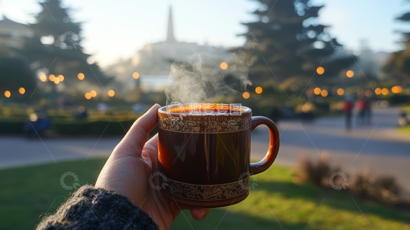 高清大图下载【趣麦麦图】手握热饮，公园傍晚景色