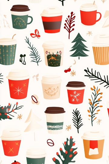 冬季主题咖啡杯与植物图案