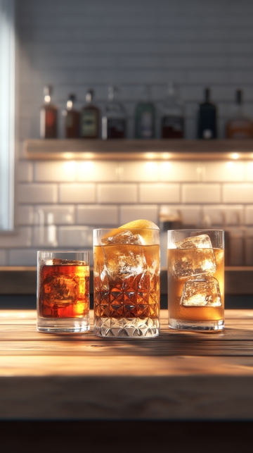 三杯威士忌置于木质吧台