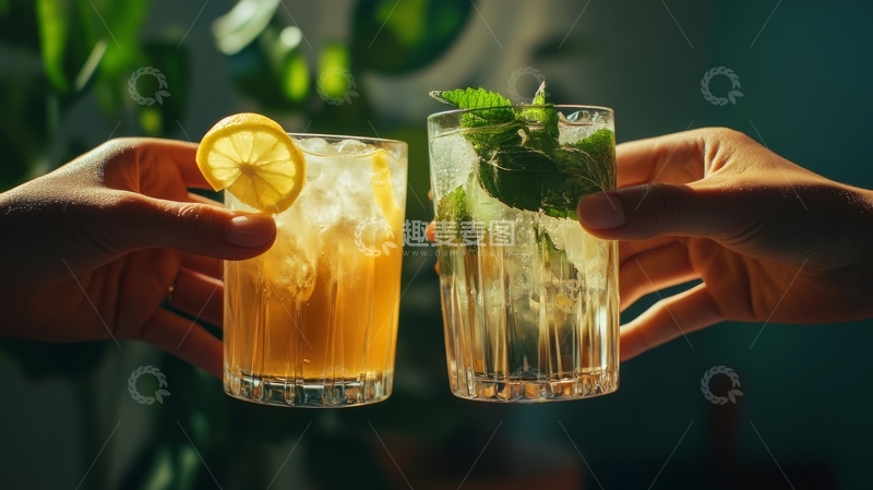 高清大图下载【趣麦麦图】双手举杯，柠檬薄荷饮品对碰