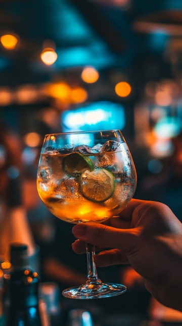 手握鸡尾酒杯，酒吧氛围
