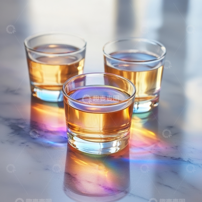 高清大图下载【趣麦麦图】三杯琥珀色液体在阳光下的光影效果