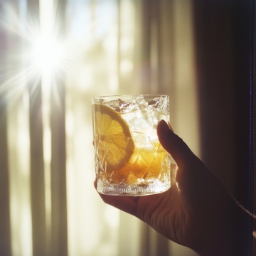 手握柠檬冰饮，阳光透过窗帘