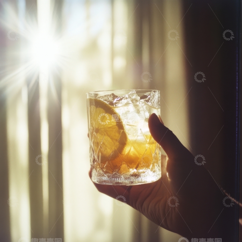 高清大图下载【趣麦麦图】手握柠檬冰饮，阳光透过窗帘