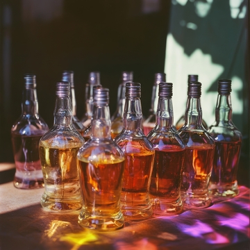 排列整齐的透明酒瓶与琥珀色液体