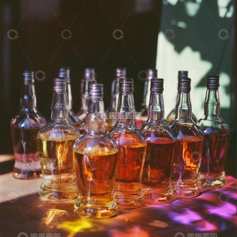高清大图下载【趣麦麦图】排列整齐的透明酒瓶与琥珀色液体