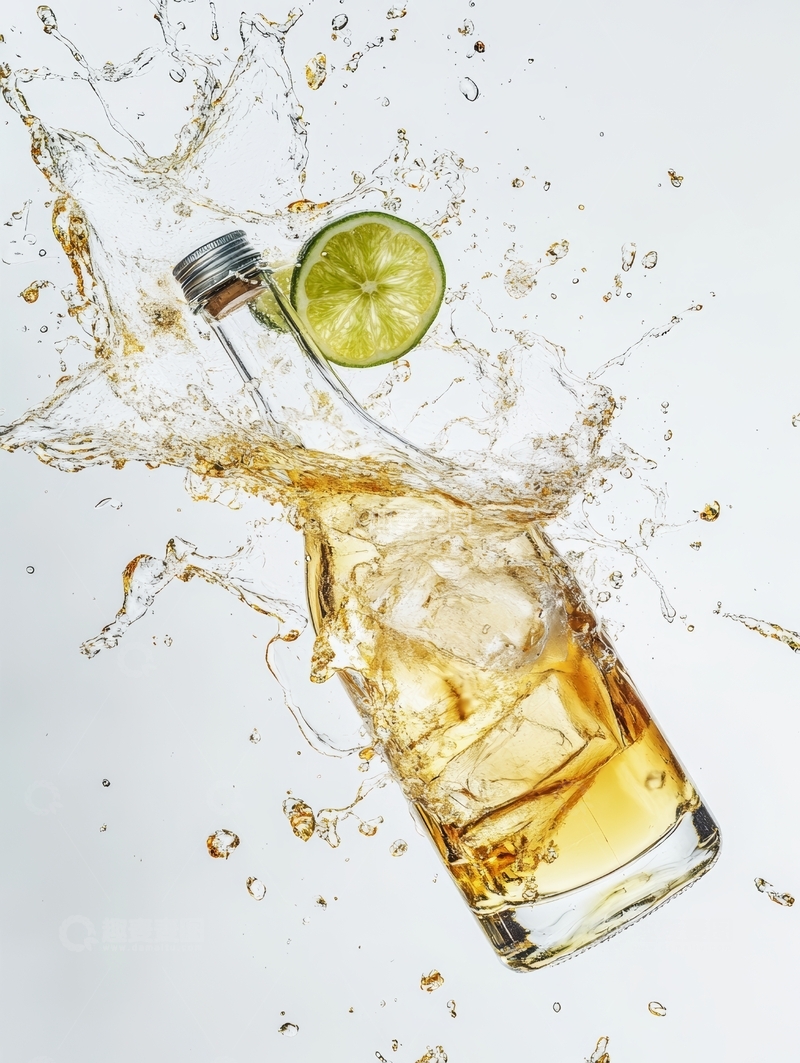 高清大图下载【趣麦麦图】透明酒瓶倾倒液体，青柠片飞溅