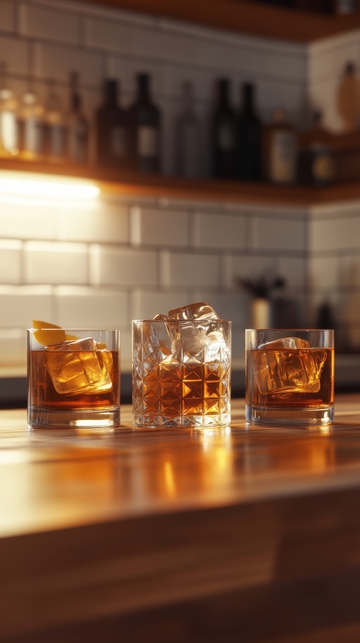 吧台上的三杯威士忌