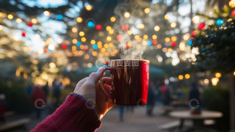 高清大图下载【趣麦麦图】手握热饮，背景灯光闪烁