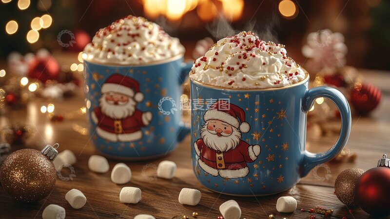 高清大图下载【趣麦麦图】圣诞主题热饮，配以奶油和糖果装饰