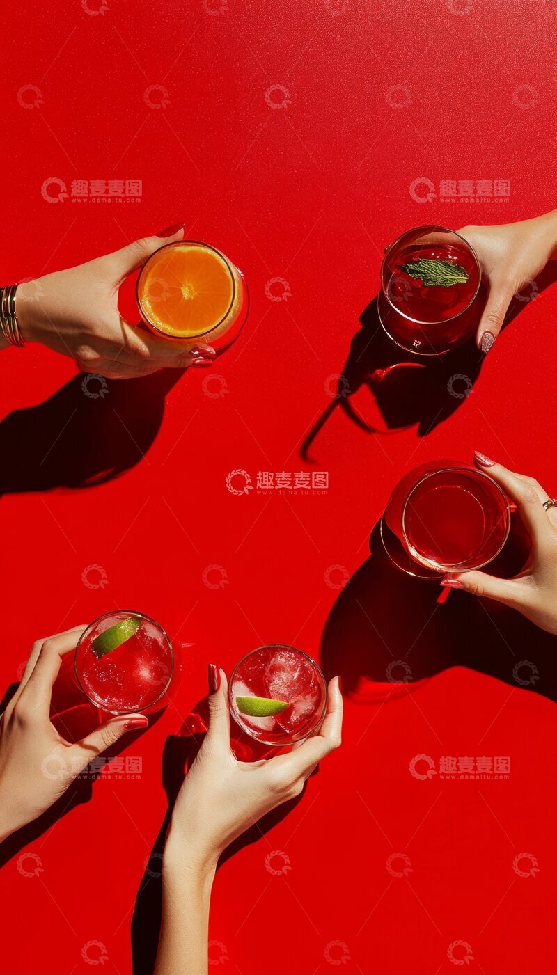 高清大图下载【趣麦麦图】五只手握着不同饮品的杯子