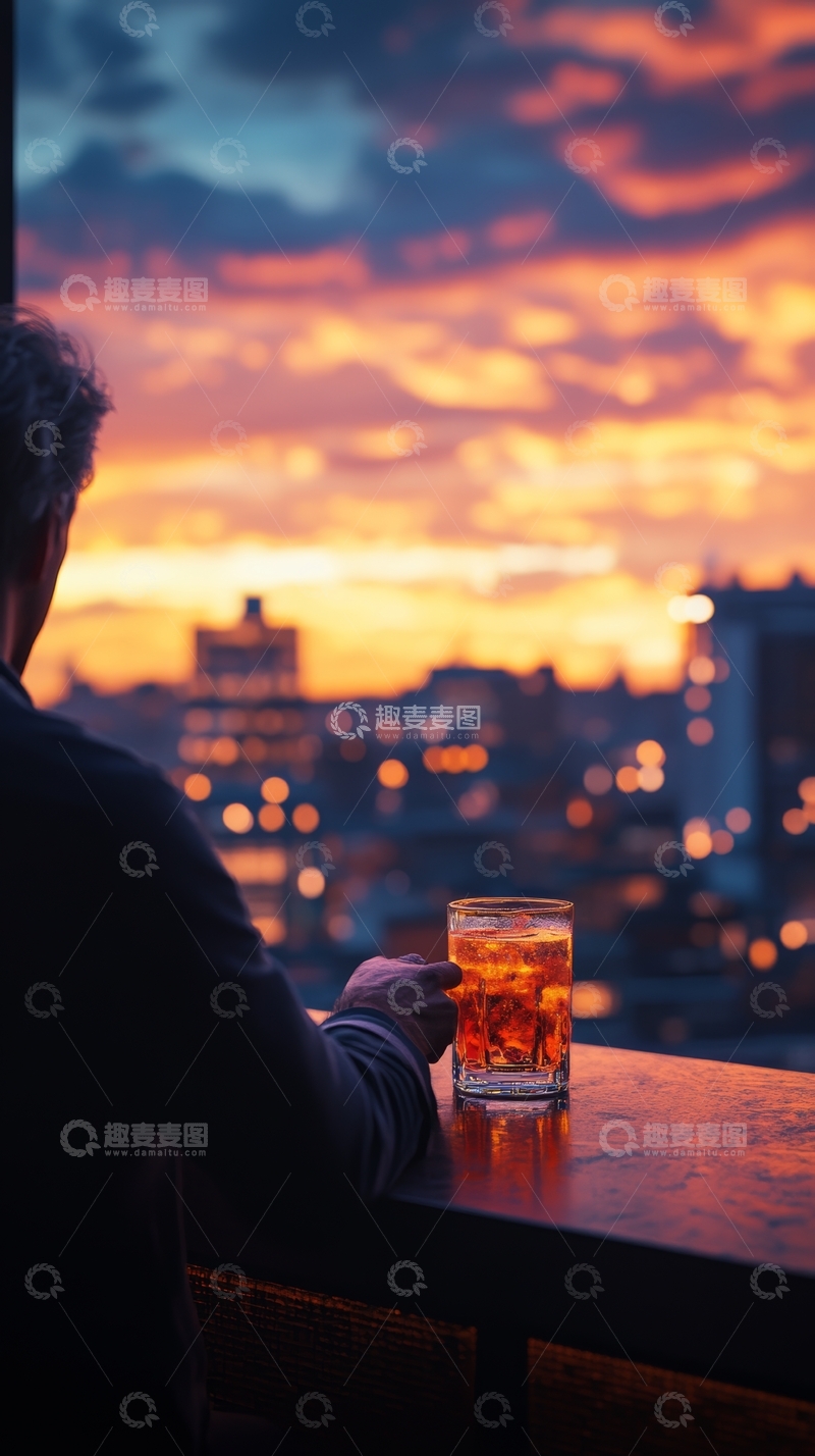 高清大图下载【趣麦麦图】夕阳下独自品饮的城市剪影