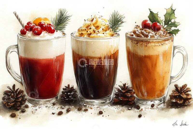 高清大图下载【趣麦麦图】三杯节日热饮，装饰精美