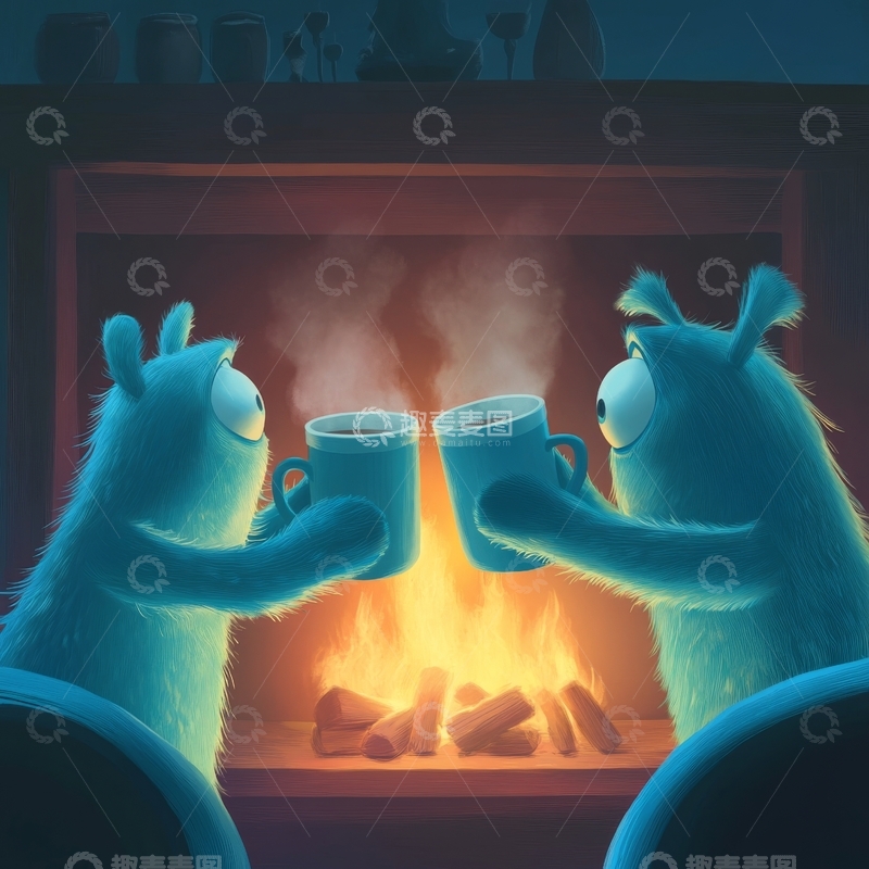 高清大图下载【趣麦麦图】两只蓝色生物在壁炉前举杯