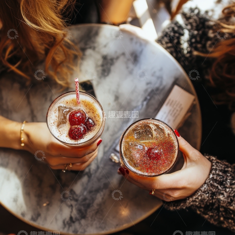 高清大图下载【趣麦麦图】两人手持装饰饮品，桌上大理石纹理