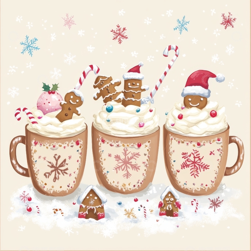 高清大图下载【趣麦麦图】圣诞热饮与姜饼人装饰