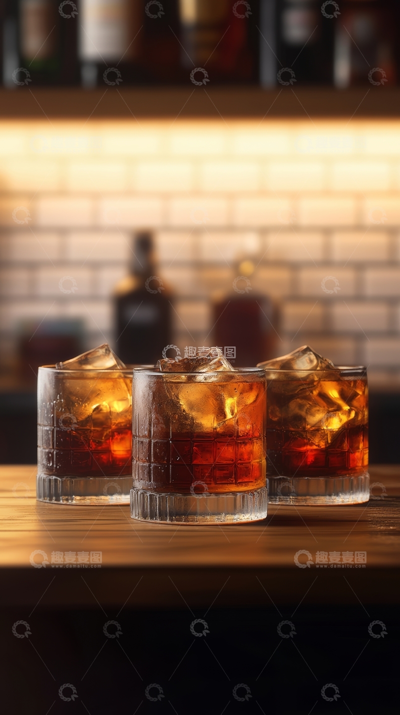 高清大图下载【趣麦麦图】三杯冰镇琥珀色饮品置于木质吧台